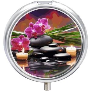 Bloemen in fontein massagestenen en bamboe pillendoos 3 compartimenten ronde kleine pillendoos reizen pillendoos voor portemonnee zak metalen medicijnorganisator draagbare pillenhouder om vitamines