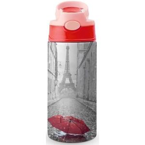Eiffeltoren en paraplu's 350 ml waterfles met rietje, koffiebeker, waterbeker, roestvrijstalen reismok voor dames en heren, roze stijl