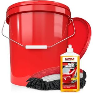 Sonax Autowasset, glansshampoo concentraat, detailmate wasemmer met deksel, washandschoen met insectengaas, autoreinigingsset voor buiten