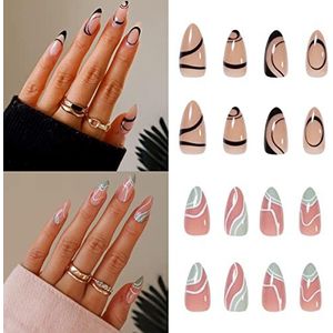 Franse tip Press-on nagels, korte amandelvorm, 48 stuks, zwart, golvend ontwerp, met nagelvijl en zelfklevende lipjes, herbruikbare volledige dekkende nepnagels voor vrouwen en meisjes