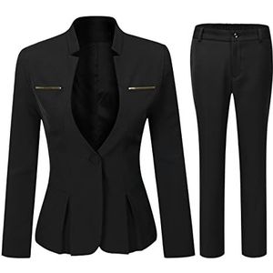 YYNUDA Damespak, 2-delig, slim fit, één knoop, blazer, jas, kantoor, werk, broek, kostuums, rok, kostuums, Zwart 1, S