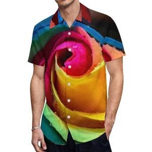 Kleurrijke Regenboog Natuur Rose Heren Korte Mouw Shirts Casual Button-down Tops T-shirts Hawaiiaanse Strand Tees XS