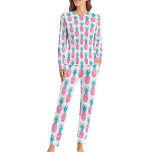 Roze Ananas Zachte Dames Pyjama Lange Mouw Warm Fit Pyjama Loungewear Sets met Zakken 4XL