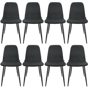 WAFTING Set van 8 eetkamerstoelen, stoelen met linnen diagonaal strependesign en metalen frame, geschikt voor eetkamer, woonkamer, keuken, slaapkamer en ontvangstruimtes, zwart