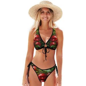 Rood Fruit Groene Bladeren Bikini Badmode Beachwear Twee Stukken Set Badpak Voor Strand Meisje Vrouwen, Patroon, M