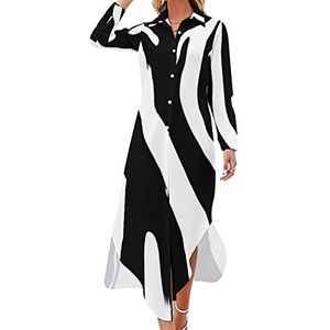 Zebra Skin Maxi-jurk voor dames, lange mouwen, knoopsluiting, casual party, lange jurk, 4XL