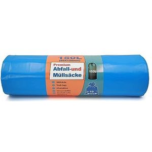 Inoverse 10 stuks (1 rol) vuilniszakken 150 liter, scheurvaste vuilniszakken, afvalzakken, 80 x 120 cm, blauwe vuilniszak, vuilniszakken van gerecycled LDPE