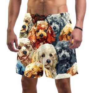Heren Board Shorts, Aquarel Poedel Honden Sneldrogende Badmode Strand Vakantie Party Bermuda Zwemmen Grote Broek, Aquarel Poedel Honden, L