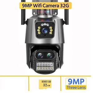 Bewakingscamera, 4K 9MP IP Camera Outdoor 8X Zoom HD Drie Lens Dual Screen PTZ Camera Auto Tracking Video surveillance CCTV Cam P2P(9MP WIFI 4K 32G Card)