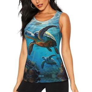 Zeeschildpadden Print Stijlvolle Atletische Tanktops Activewear Yoga Hardlopen Wandelen Zomer Fitness Training, Zwart, S