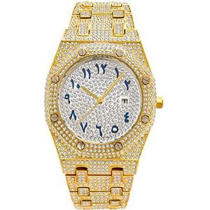 ICEDIAMOND CZ Lab Diamond Charm Quartz Polshorloge, Iced Out Zirkoon 43mm Kalender Wijzerplaat Hip Hop Sieraden Horloge voor Mannen (Gold)