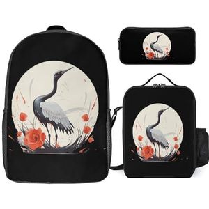 Leuke Kraan Vogel Bloemen Rose 3 STKS Laptop Rugzak Set 17 Inch Lichtgewicht Dagrugzak met Lunch Box Potlood Case voor Reizen Werk