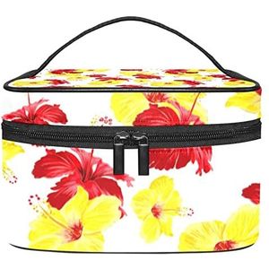Geel Rood Gibiscus Bloemen Bloemen Patroon Make-up Organizer Bag, Reizen Make-up Tas Organizer Case Draagbare Cosmetische Tas Voor Vrouwen En Meisjes Toiletartikelen, Meerkleurig, 22.5x15x13.8cm/8.9x5.9x5.4in