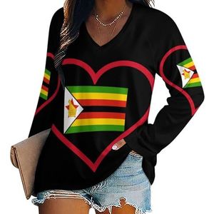 I Love Zimbabwe Rood Hart Dames V-hals Shirt Lange Mouw Tops Casual Loose Fit Blouses