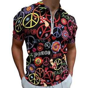 Hippie Peace Symbool Bloem Bloemen Polo Shirt voor Mannen Casual Rits Kraag T-shirts Golf Tops Slim Fit