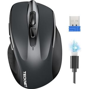 TECKNET Silent Draadloze muis, oplaadbare draadloze muis 4800 DPI, 2,4 GHz optische computermuis voor laptop, pc, Mac, 6 toetsen, grijs