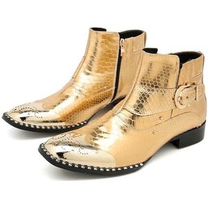 ZZveZZ Winter Heren Zwart En Goud Handgemaakte Vintage Laarzen Metalen Puntige Lederen Schoenen (Color : Gold, Size : 47 EU)