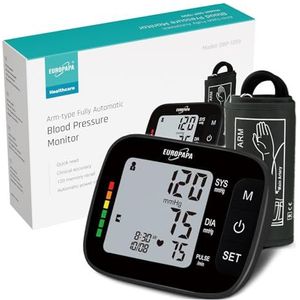 EUROPAPA Bloeddrukmeter voor bovenarm voor thuisgebruik, pulsmeting, bloeddrukmeting met grote manchet (22-42 cm), 2 x 60 herinneringen, dubbele gebruiker (zwart)