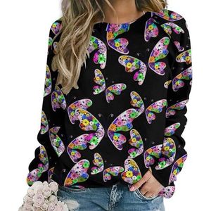Levendige fantasie bloemen vlinder nieuwigheid sweatshirt voor vrouwen ronde hals top lange mouw trui casual grappig