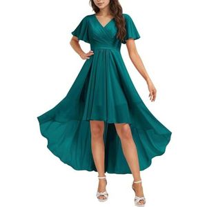 HPPEE Chiffon bruidsmeisjesjurk voor dames, met mouwen, geplooid, hoge lage V-hals, formele avondfeestjurk, Pauw, 32