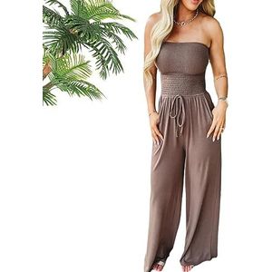 Asymmetrische Effen Kleur Gesmokte Jumpsuit, Dames Strapless Tube Top Rompertjes, Effen Kleur Riem Jumpsuit Met Zakken (L,Koffie)