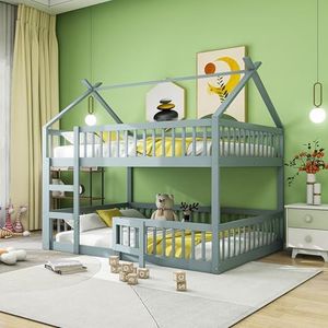 BXEYXE Kinderstapelbed 140 x 200, kinderfamiliebed, stapelbed met trap, loft design, massief houten stapelbedframe, grijs