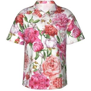 ERSDWRE Garden Peony Print Heren Korte Mouw Button-Down Shirts Casual Zomer Strand Shirts Hawaii Shirt voor Mannen, Zwart, L