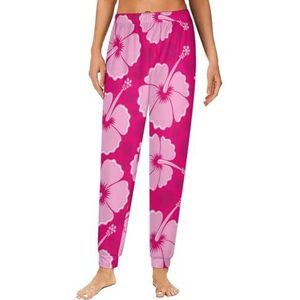 Roze Hibiscus Patroon Dames Pyjama Lounge Broek Elastische Tailleband Nachtkleding Ondergoed Broek Print