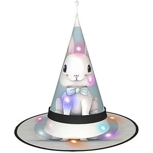 OdDdot Leuke witte konijnprint heksenhoed - LED gekleurd licht, geschikt voor Halloween, Kerstmis, rollenspel en meer