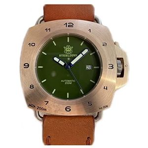 STEELDIVE Limited Edition Heren Horloges Lichtgevende Groene Wijzerplaat 47 MM Vierkante Brons Duik Horloge met Lederen Band Horloges, Groen