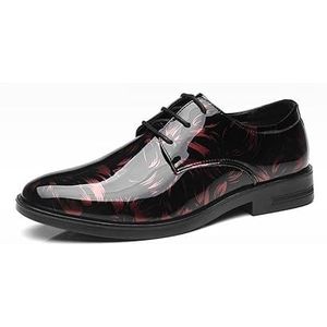 Oxford schoenen for heren met vetersluiting, ronde neus, PU-leer, bloemenmotief, glanzende derbyschoenen, rubberen zool, blokhak, antislip, feest(Red,38 EU)