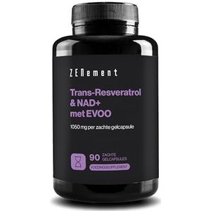 Trans-Resveratrol & NAD+ met Extra Vierge Olijfolie, 1055mg per Softgel - Hoge Opname en Synergetische Formule - 90 Softgels voor 3 Maanden, Anti-Aging en Sirtuïne Activator - Zenement