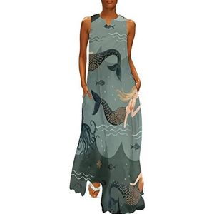 Zeemeermin prinses dames enkellengte jurk slim fit mouwloze maxi-jurk casual zonnejurk 2XL