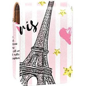Parijs Roze Eiffeltoren Lipgloss Houder Lipstick Case Draagbare Mini Lipstick Opbergdoos Reizen Lipstick Organizer Case met Spiegel voor Vrouwen, Meerkleurig, 9.5x2x7 cm/3.7x0.8x2.7 in