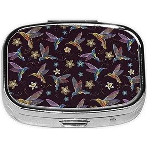 Mini vierkante pillendoos, medicijnorganizer, bloemenkolibries, borduurwerk, draagbare EHBO-doos, reispillendoos met 2 vakken, kleine pillendoos voor zak of portemonnee