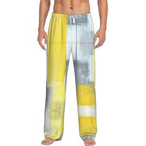 Grijs En Geel Abstracte Kunst Schilderen Mannen Lange Lounge Wear Broek Nachtkleding Pyjama Bodems Nachtkleding Met Zakken En Trekkoord, Wit, S