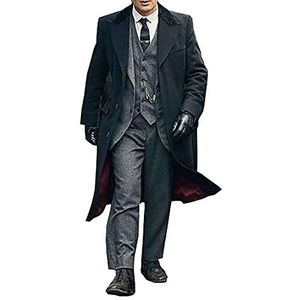 PJapparel Mannen Peaky Blinders Thomas Shelby zwarte wol lange mode trenchcoat, Zwart - Wol, M