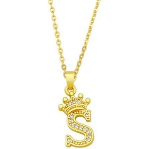 Dames vergulde kroon letter hanger kubieke zirkoon initiële ketting naam sieraden cadeau (Style : S)