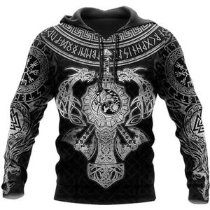 Viking 3D All-over Bedrukt Sweatshirt met Ronde Hals, Heren Vintage Norse Quake Odin Fenrir Tattoo Totem Rits Hoodie, Pagan Trekkoord Grote Zak Pullover (Color : Pullover Hoodie, Size : 5XL)
