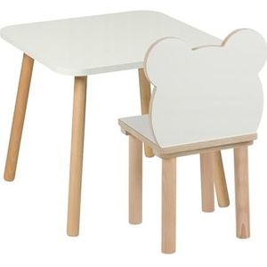 PlayPals Furniture Kindertafel met stoelen, houten tafelstoelen, 50 x 50 cm, natuurlijk zitmeubel van hout, voor kinderstoel, teddybeer