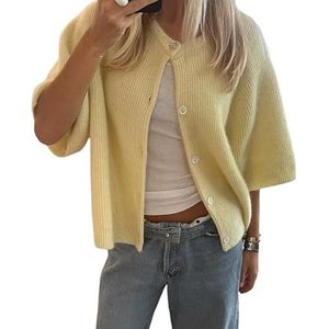 Women Knitted Crop Cardigan Shirt Short Sleeve Button Down Ribbed Knit Crop Top Y2k Girls Outwear Tops (Small,Yellow)