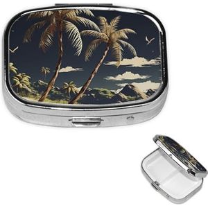 Palmboom pillendoos 2 compartimenten vierkant draagbaar pillendoosje voor zak of portemonnee kleine wekelijkse medicijnplanner reizen pillendoos met spiegel decoratieve metalen vitaminehouder