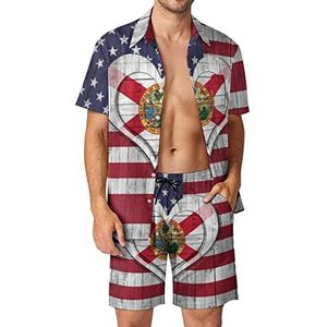 Amerika en Florida vlag met hart mannen Hawaiiaanse bijpassende set 2-delige outfits button down shirts en shorts voor strandvakantie