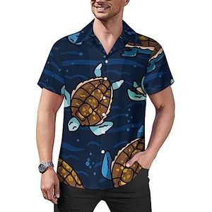 Zeeschildpad zwemmen in blauw water casual overhemden voor heren korte mouw Cubaanse kraag T-shirts tops Hawaiiaans T-shirt XL