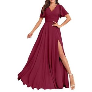 Chiffon bruidsmeisjesjurken voor dames, met split, lange baljurken, cocktailjurken, grote maten, Woestijnroos, 32