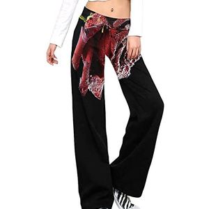 Rode Roos Met Dauw Drops Op Zwarte Yoga Broek Voor Vrouwen Casual Broek Lounge Broek Trainingspak Met Trekkoord 3XL