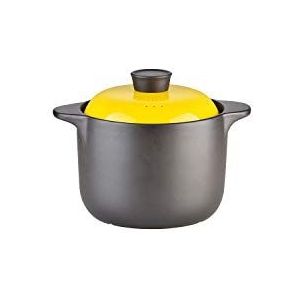 Keuken Aardewerk Kookpot Tureen Soep Ovenschotel met Deksel, Chinese Soep/Klei/Aarden Pot met Dubbele Handvat en Geel Deksel, Keramisch Kookgerei, Rond Zwart (4 Liter)