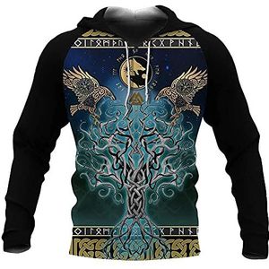 Mannen Viking Thor's Hammer Tattoo Print Koord Hoodie, Noorse Mythologie Yggdrasil Keltische Draak Totem Pullover, Vintage Piraat Lange Mouw Tops Sweatshirts