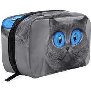 Kortharige grijze kat blauwe ogen cosmetische tas rits toilettas dames vierkante make-up borstels tas
