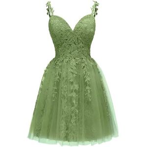 Spaghetti Bandjes Bruidsmeisjes Jurken voor Junioren Kant Applique Avond Cocktail Party Maxi Jurk Mini Lengte AH154, Salie, 32